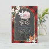 Red Black Plaid Baby Carriage Gender Reveal Kaart (Staand voorkant)