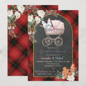 Red Black Plaid Baby Carriage Gender Reveal Kaart (Voorkant / Achterkant)