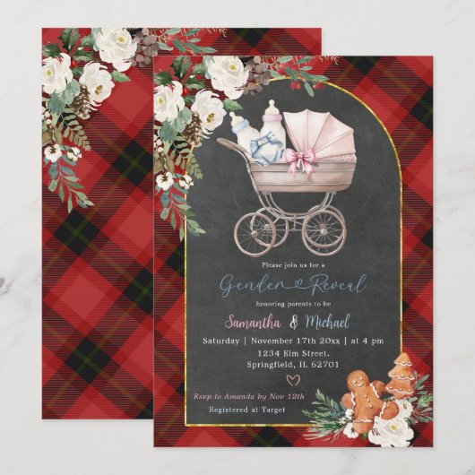 Red Black Plaid Baby Carriage Gender Reveal Kaart (Voorkant / Achterkant)