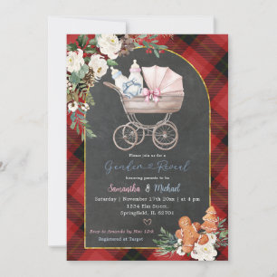Red Black Plaid Baby Carriage Gender Reveal Kaart