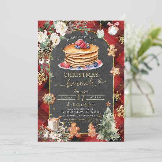 Red Black Plaid Christmas Flanel Brunch Party Kaart (Staand voorkant)