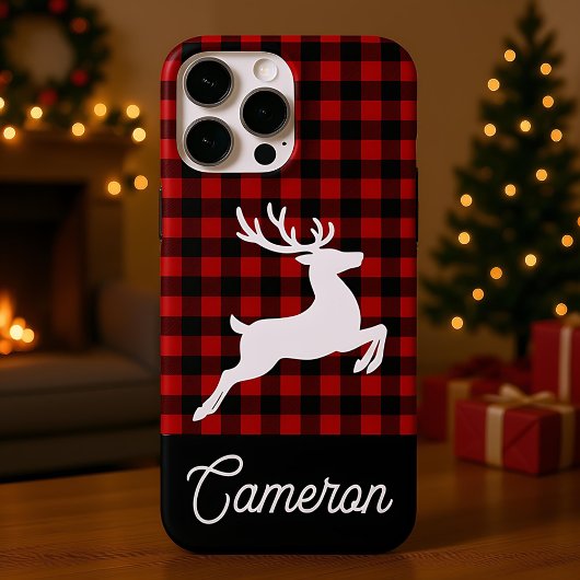 Red & Black Plaid with Reindeer Custom Name Case-Mate iPhone Case