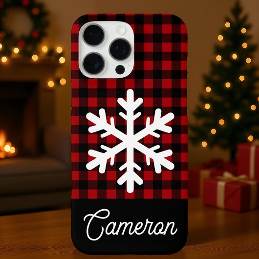 Red & Black Plaid with Snowflake Custom Name Case-Mate iPhone Case