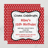 Red Black Polka Dots Birthday Party Invitations Kaart (Voorkant / Achterkant)