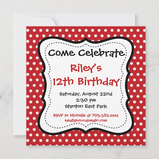 Red Black Polka Dots Birthday Party Invitations Kaart (Voorkant)