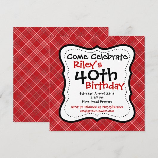 Red Black Pset 40th Birthday Party-uitnodigingen Kaart (Voorkant / Achterkant)