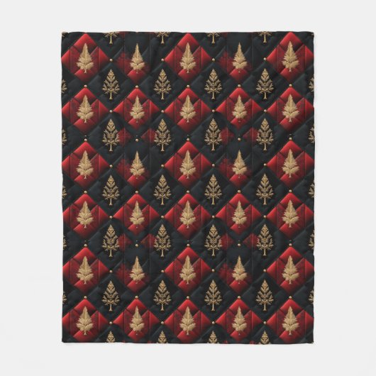  Red Black Quilt Squares Gold Christmas Trees Fleece Deken (Voorkant)