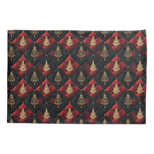  Red Black Quilt Squares Gold Christmas Trees Kussensloop (Achterkant-Links)