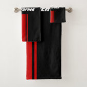 Red Black Racing Stripes White Monogram Mannen Jon Bad Handdoek (Insitu)