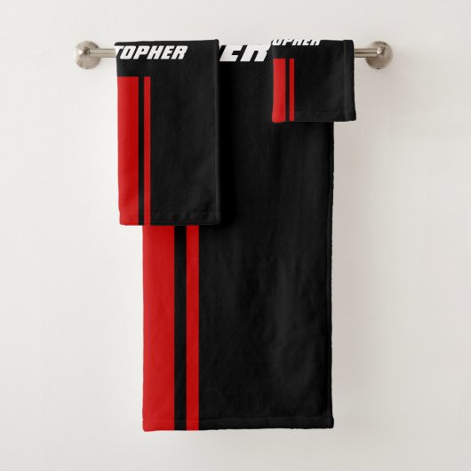 Red Black Racing Stripes White Monogram Mannen Jon Bad Handdoek (Insitu)