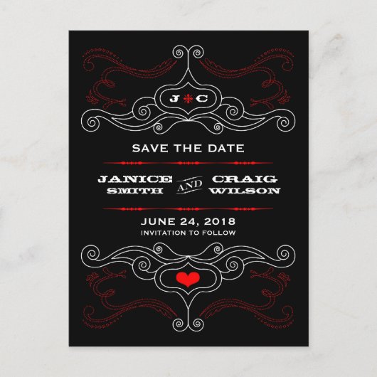 Red & Black Rock 'n' Roll Music Thed Wedding Aankondigingskaart (Voorkant)