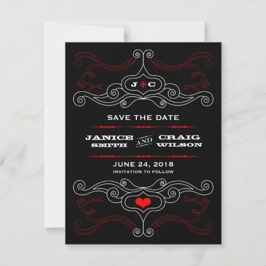 Red & Black Rock 'n' Roll Music Thed Wedding Save The Date (Voorkant)