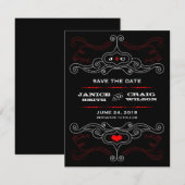 Red & Black Rock 'n' Roll Music Thed Wedding Save The Date (Voorkant / Achterkant)