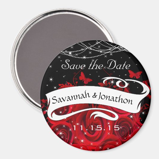 Red Black Roos Heart Opslaan datum onder sterren Magneet (Voorkant / Achterkant)