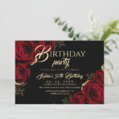 Red Black Roses Birthday Party Invitation Kaart (Staand voorkant)