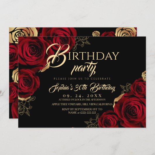 Red Black Roses Birthday Party Invitation Kaart (Voorkant / Achterkant)
