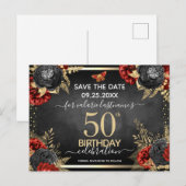 Red Black Rozen 50th Birthday Save the Date Briefkaart (Voorkant / Achterkant)