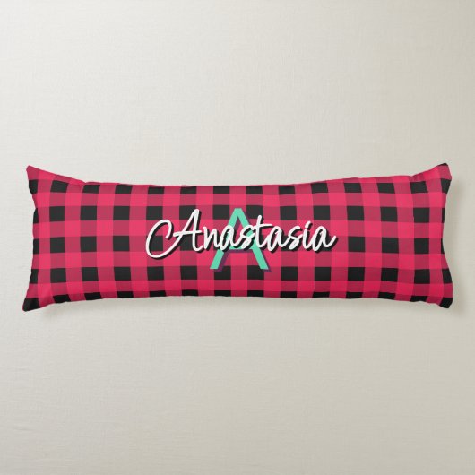 Red Black Rustic Buffalo Check Plaid Monogrammed Lichaamskussen (Voorkant)