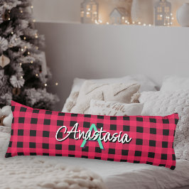 Red Black Rustic Buffalo Check Plaid Monogrammed Lichaamskussen