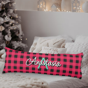 Red Black Rustic Buffalo Check Plaid Monogrammed Lichaamskussen