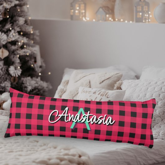 Red Black Rustic Buffalo Check Plaid Monogrammed Lichaamskussen