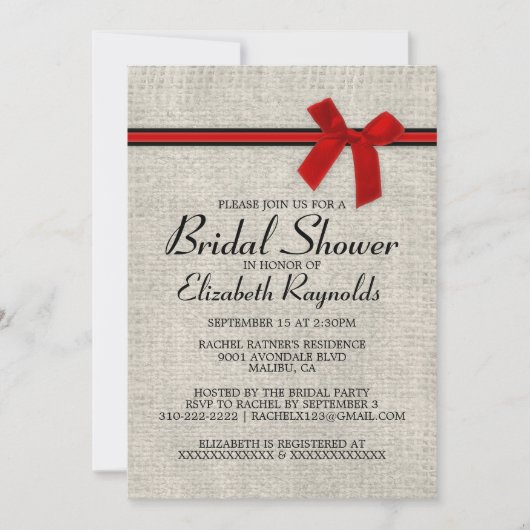 Red Black Rustic Burlap Bridal Shower Invitations Kaart (Voorkant)