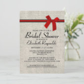 Red Black Rustic Burlap Bridal Shower Invitations Kaart (Staand voorkant)