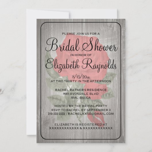 Red Black Rustic Floral Bridal Shower Invitations Kaart (Voorkant)