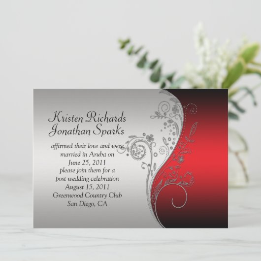 Red Black Silver Floral Swirls Post Wedding Kaart (Staand voorkant)