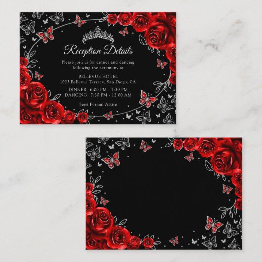 Red Black Silver Quinceanera Reception Details Informatiekaartje (Voorkant / Achterkant)