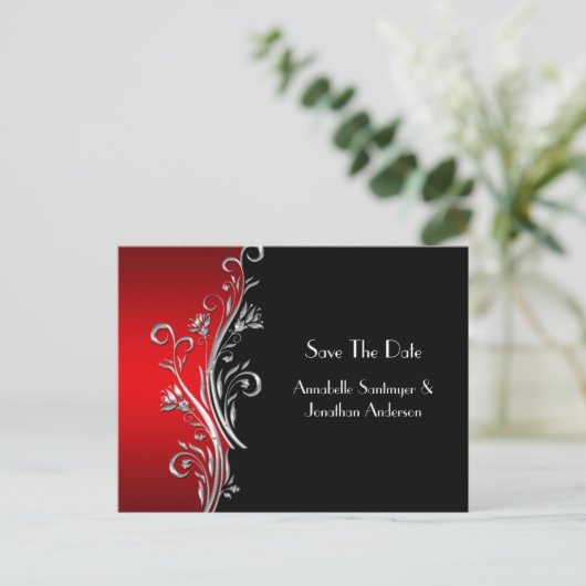 Red Black Silver Swirls slaan de datum op Aankondigingskaart (Staand voorkant)
