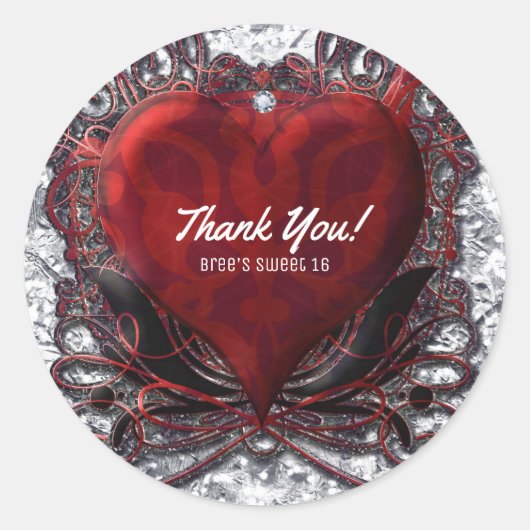 Red Black Silver Valentijn Heart Gothic Romance Ronde Sticker (Voorkant)