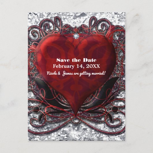 Red Black Silver Valentijn Heart Save the Date Aankondigingskaart (Voorkant)