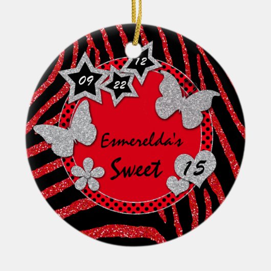 Red Black Silver Zebra Sweet 15 Photo Ornament (Voorkant)