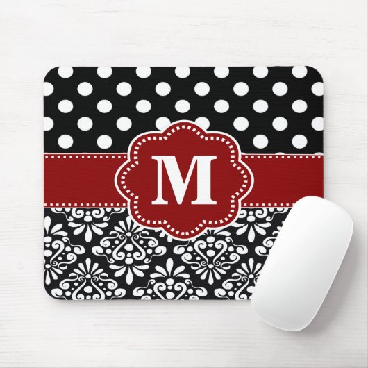 Red Black Stippen Damask Monogram Muismat. Muismat (Met muis)