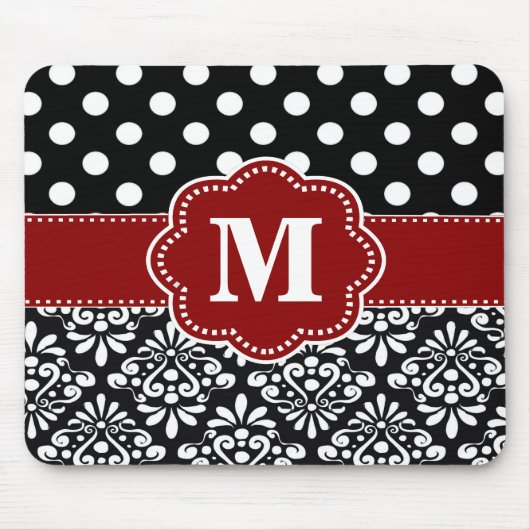 Red Black Stippen Damask Monogram Muismat. Muismat (Voorkant)