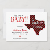 Red/Black Striped Made in Texas Photo Baby Aankondiging (Voorkant)