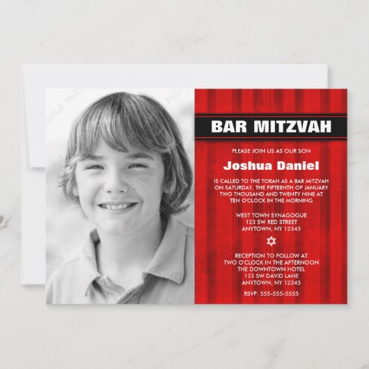 Red Black Stripes Photo Bar Mitzvah-uitnodigingen Kaart (Voorkant)