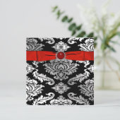 Red Black Stropdas Black Damask Party Invitation Kaart (Staand voorkant)