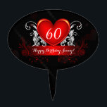 Red Black Swirly Heart Happy 60th Birthday Taarttopper<br><div class="desc">Druk je feestgasten in met deze mooie,  Happy 60th Birthday cake-plukker met een rood glanzend hart met roodwitte wijnstokken,  parels en flauwte harten op de achtergrond. Ruil de namen van je dochters op je taart.</div>