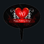 Red Black Swirly Heart Happy 90th Birthday Cake Topper<br><div class="desc">Druk je feestgasten in met deze mooie,  Happy 90th Birthday cake-plukker met een rood glanzend hart met roodwitte wijnstokken,  parels en flauwte harten op de achtergrond. Ruil de namen van je dochters op je taart.</div>