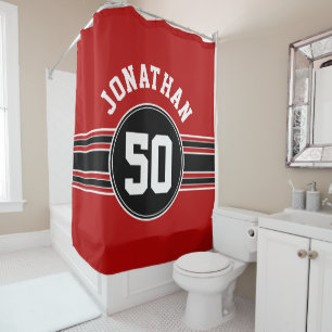 Red Black Team Jersey Fan Gear met naamnummer Douchegordijn