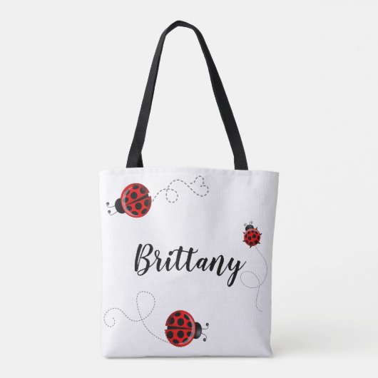 Red Black Three Ladybug Polka Dot Bug Beetles Naam Tote Bag (Achterkant)