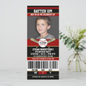 Red|Black Ticket Style Baseball Birthday Party Kaart (Staand voorkant)