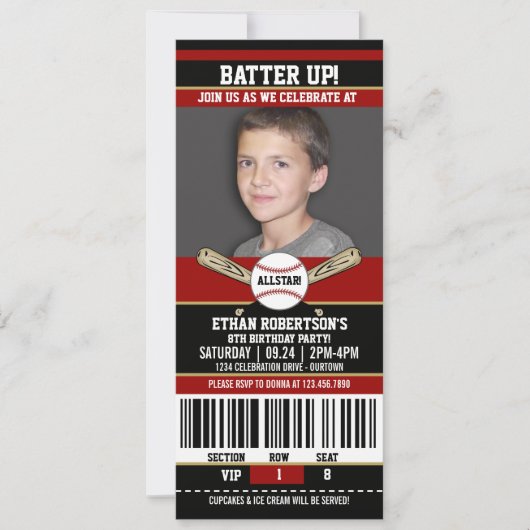 Red|Black Ticket Style Baseball Birthday Party Kaart (Voorkant)