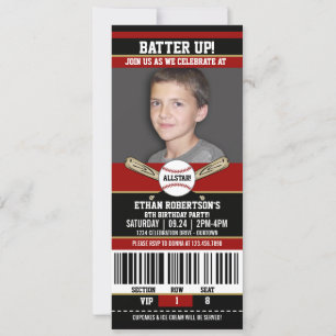 Red Black Ticket Style Baseball Birthday Party Kaart