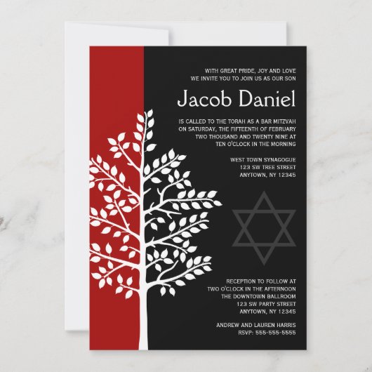 Red Black Tree of Life Bar Mitzvah Invitations Kaart (Voorkant)
