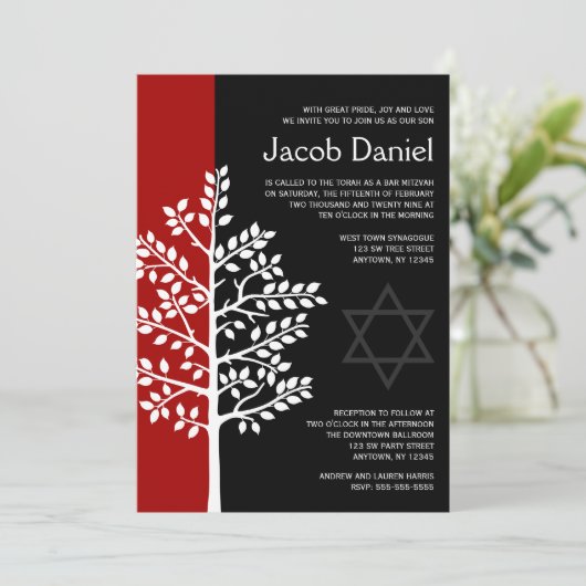 Red Black Tree of Life Bar Mitzvah Invitations Kaart (Staand voorkant)