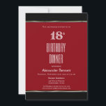 Red Black White 18th Birthday Dinner Party Kaart<br><div class="desc">Een moderne,  geavanceerde rode en zwarte 18e verjaardagsfeestdag met witte tekst en gouden en zilveren strepen.</div>