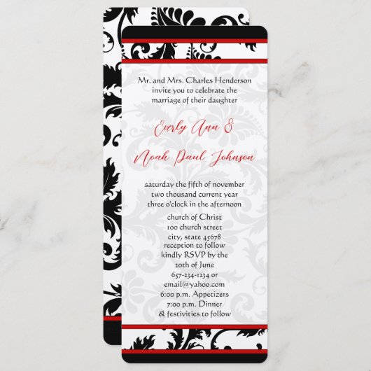 Red Black White 9x4 Damask Unique Wedding Kaart (Voorkant / Achterkant)